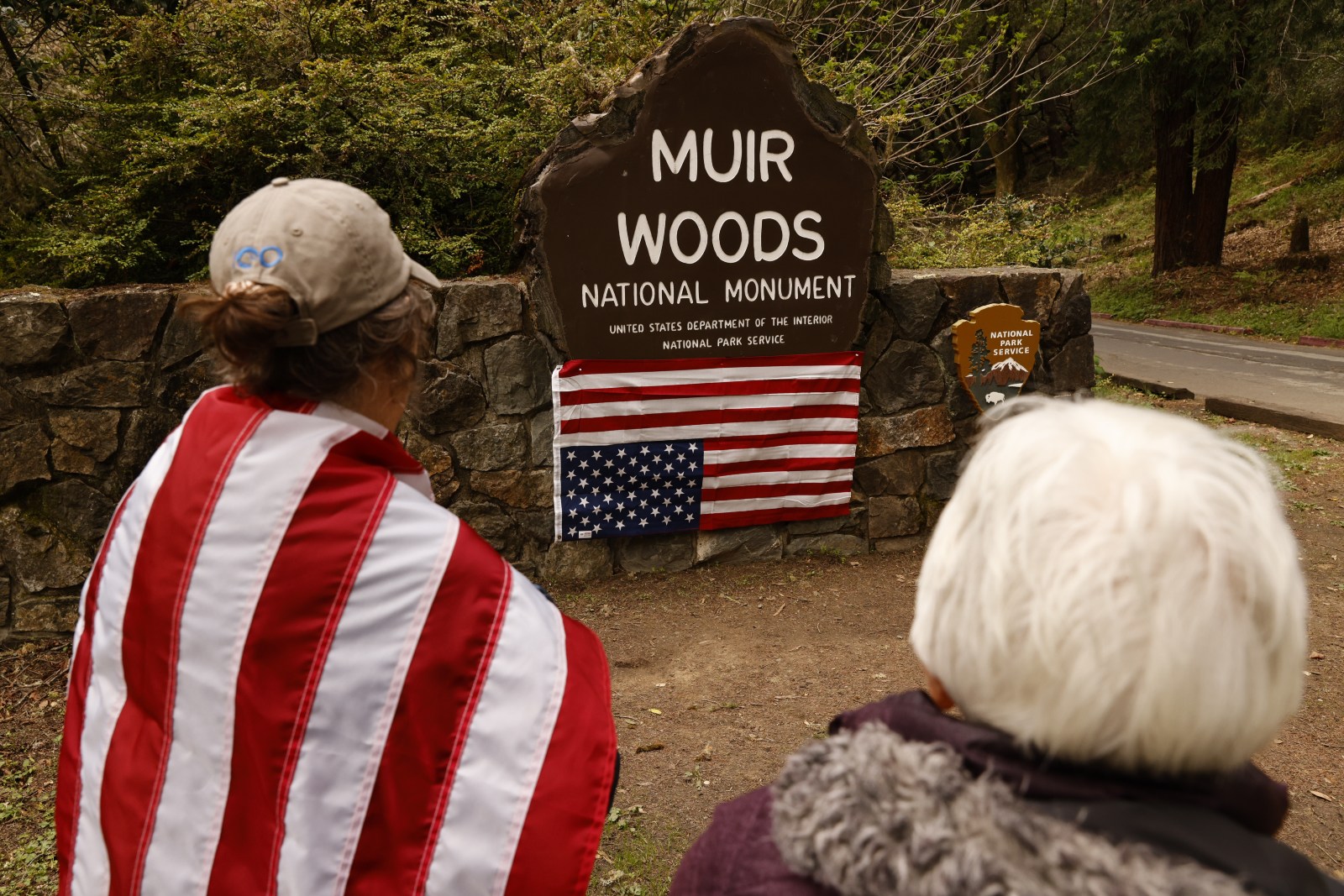 Demonstrators protest federal workforce layoffs at Muir Woods National Monument in Marin County, California, on March 01.
